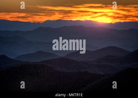 Sunset from the Cowee Mountain overlook on the Blue Ridge Parkway. Stock Photo