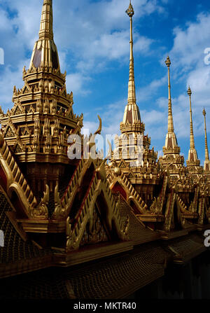 Spires of the Buddhist temple Loha Prasat Metal Castle of Wat Ratchanadda in Bangkok in Thailand in Southeast Asia Far East. Travel Holiday Site Stock Photo