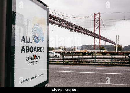 Lisbon, April 24, 2018: Photo of the image with official Eurovision symbols Eurovision Song Contest 2018 Lisbon. A poster on the city street Stock Photo