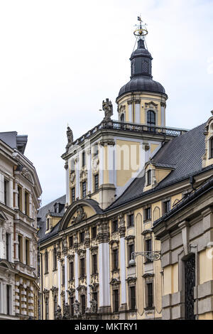 Renovated old university building. Mathematical tower. Gothic and baroque elements of the building. Old Town in Wroclaw, Poland. Stock Photo