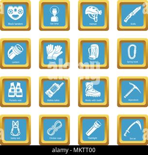 Speleology equipment icons set sapphirine square vector Stock Vector