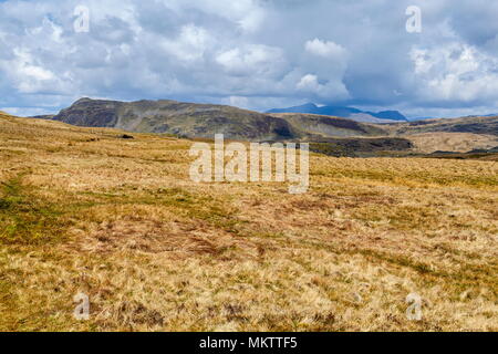 A view from just below the summit of Moelwyn Mawr are the summits of Cnicht and a distant view of Snowdon Stock Photo