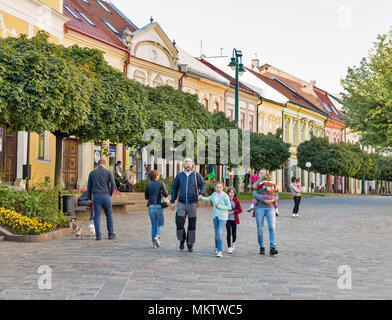 PRESOV, SLOVAKIA - OCTOBER 01, 2017: People walk along Hlavna Square in Old Town. It is a city in Eastern Slovakia, the third largest city in country. Stock Photo