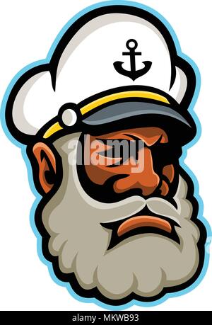 Mascot icon illustration of head of a black skipper or sea captain, ship's captain, captain, master or shipmaster, a mariner in command of merchant ve Stock Vector