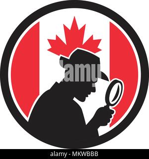Icon retro style illustration of a silhouette of Canadian private investigator with magnifying glass with Canada maple leaf flag set inside circle on  Stock Vector