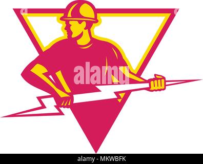 Retro style illustration of a power lineman or electrician holding a lightning bolt or thunderbolt viewed from side set inside triangle on isolated ba Stock Vector