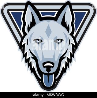 Mascot icon illustration of head of a police dog, Alsatian wolf dog or German Shepherd set inside triangle viewed from  on isolated background in retr Stock Vector