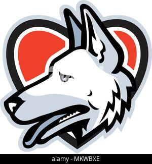Mascot icon illustration of head of a German Shepherd or Alsatian wolf dog set inside heart shape viewed from side on isolated background in retro sty Stock Vector