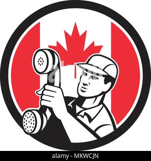 Icon retro style illustration of a Canadian telephone installation repair technician or  repairman holding phone with Canada maple leaf flag set insid Stock Vector