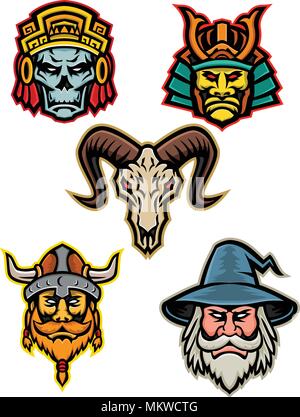 Mascot icon illustration set of heads of an Aztec warrior skull, Samurai warrior,bighorn sheep skull, Viking warrior or Norse raider and wizard  viewe Stock Vector