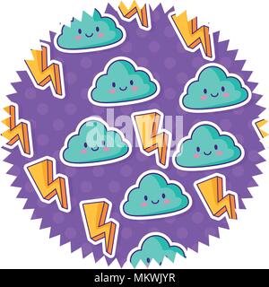 with lightning and kawaii clouds pattern over white background, colorful design. vector illustration Stock Vector