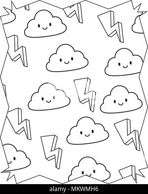 abstract frame with lightning and kawaii clouds pattern over white background, vector illustration Stock Vector