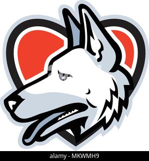 Mascot icon illustration of head of a German Shepherd or Alsatian wolf dog set inside heart shape viewed from side on isolated background in retro sty Stock Vector