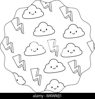 circular frame with lightning and kawaii clouds pattern over white background, vector illustration Stock Vector