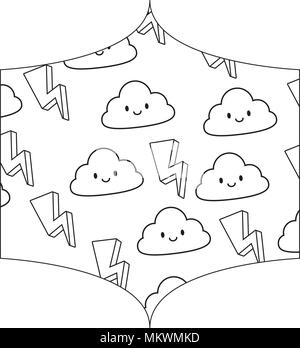 decorative frame with lightning and kawaii clouds pattern over white background, vector illustration Stock Vector