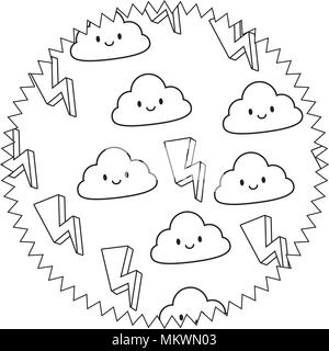 seal stamp with lightning and kawaii clouds pattern over white background, vector illustration Stock Vector