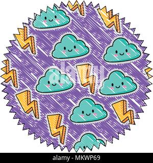 with lightning and kawaii clouds pattern over white background, colorful design. vector illustration Stock Vector