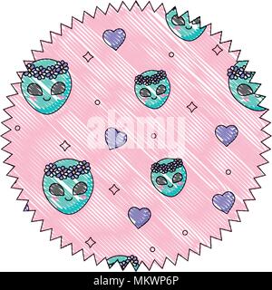 seal stamp with alien and hearts pattern over white background, vector illustration Stock Vector