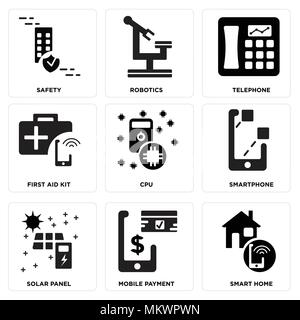 Set Of 9 simple editable icons such as Smart home, Mobile payment, Solar panel, Smartphone, Cpu, First aid kit, Telephone, Robotics, Safety, can be us Stock Vector