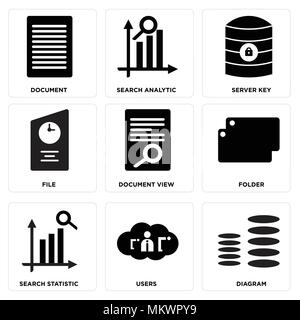 Set Of 9 simple editable icons such as Diagram, Users, Search statistic, Folder, Document view, File, Server key, analytic, Document, can be used for  Stock Vector