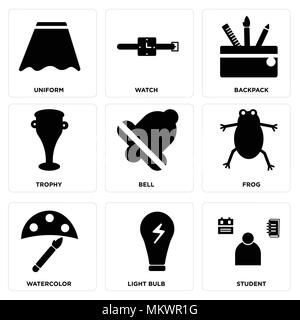 Set Of 9 simple editable icons such as Student, Light bulb, Watercolor, Frog, Bell, Trophy, Backpack, Watch, Uniform, can be used for mobile, web Stock Vector