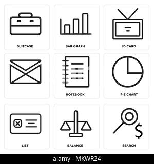 Set Of 9 simple editable icons such as Search, Balance, List, Pie chart, Notebook, Id card, Bar graph, Suitcase, can be used for mobile, web Stock Vector