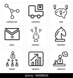Set Of 9 simple editable icons such as Creative, Growth, Target, Strategy, Startup, Email, Idea, Logistics, Connection, can be used for mobile, web Stock Vector