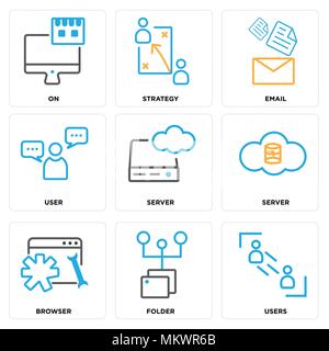 Set Of 9 simple editable icons such as Users, Folder, Browser, Server, User, Email, Strategy, On, can be used for mobile, web Stock Vector