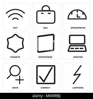 Set Of 9 simple editable icons such as Lightning, Correct, Zoom, Monitor, Smartphone, Favorite, Speedometer, Bag, Wifi, can be used for mobile, web Stock Vector