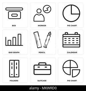 Set Of 9 simple editable icons such as Pie chart, Suitcase, Folders, Calendar, Pencil, Bar graph, Worker, Box, can be used for mobile, web Stock Vector