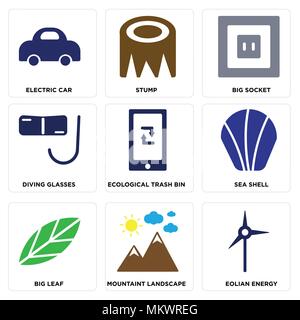 Set Of 9 simple editable icons such as Eolian Energy, Mountaint Landscape, Big Leaf, Sea Shell, Ecological Trash Bin, Diving Glasses, Socket, Stump, E Stock Vector