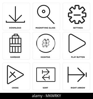 Set Of 9 simple editable icons such as Right arrow, Sort, Cross, Play button, Hashtag, Garbage, Settings, Magnifying glass, Download, can be used for  Stock Vector