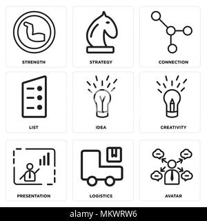 Set Of 9 simple editable icons such as Avatar, Logistics, Presentation, Creativity, Idea, List, Connection, Strategy, Strength, can be used for mobile Stock Vector