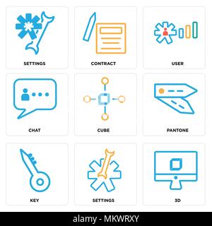 Set Of 9 simple editable icons such as 3d, Settings, Key, Pantone, Cube, Chat, User, Contract, can be used for mobile, web Stock Vector