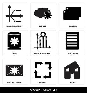 Set Of 9 simple editable icons such as Home, Reload, Mail settings, Document, Search analytic, Data, Folder, Cloude, Analytic arrow, can be used for m Stock Vector