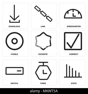 Set Of 9 simple editable icons such as Stats, Timer, Switch, Correct, Favorite, Visible, Speedometer, Link, Download, can be used for mobile, web Stock Vector