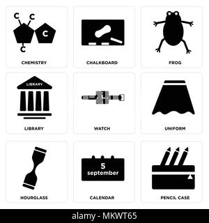 Set Of 9 simple editable icons such as Pencil case, Calendar, Hourglass, Uniform, Watch, Library, Frog, Chalkboard, Chemistry, can be used for mobile, Stock Vector