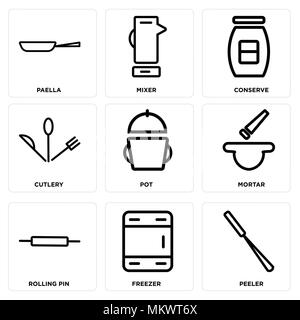 Set Of 9 simple editable icons such as Peeler, Freezer, Rolling pin, Mortar, Pot, Cutlery, Conserve, Mixer, Paella, can be used for mobile, web Stock Vector