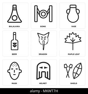 Set Of 9 simple editable icons such as Shield, Helmet, Mask, Maple leaf, Dragon, Beer, Vase, Gong, Balalaika, can be used for mobile, web Stock Vector