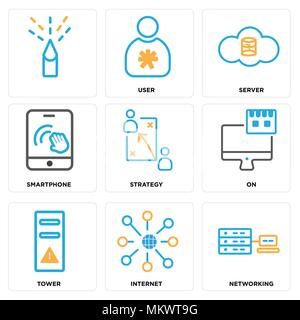 Set Of 9 simple editable icons such as Networking, Internet, Tower, On, Strategy, Smartphone, Server, User, , can be used for mobile, web Stock Vector