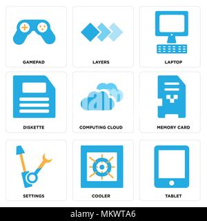 Set Of 9 simple editable icons such as Tablet, Cooler, Settings, Memory card, Computing cloud, Diskette, Laptop, Layers, Gamepad, can be used for mobi Stock Vector