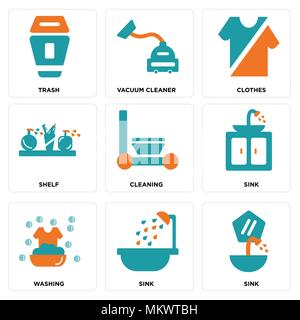 Set Of 9 simple editable icons such as Sink, Washing, Cleaning, Shelf, Clothes, Vacuum cleaner, Trash, can be used for mobile, web Stock Vector