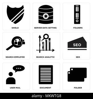 Set Of 9 simple editable icons such as Folder, Document, User mail, seo, Search analytic, employee, Folders, Server data setting, Shield, can be used  Stock Vector