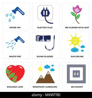 Set Of 9 simple editable icons such as Big Socket, Mountaint Landscape, Ecologic Love, Sun Smiling, Diving Glasses, Waste Pipe, Flower with Leaf, Elec Stock Vector