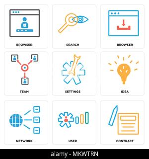 Set Of 9 simple editable icons such as Contract, User, Network, Idea, Settings, Team, Browser, Search, can be used for mobile, web Stock Vector
