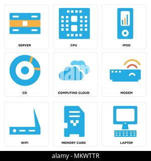 Set Of 9 simple editable icons such as Laptop, Memory card, Wifi, Modem, Computing cloud, Cd, Ipod, Cpu, Server, can be used for mobile, web Stock Vector