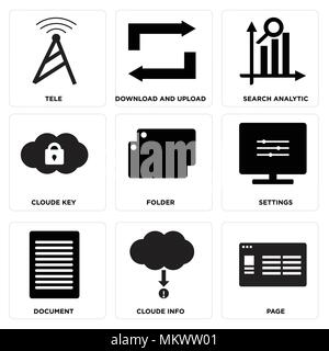 Set Of 9 simple editable icons such as Page, Cloude info, Document, Settings, Folder, key, Search analytic, Download and upload, Tele, can be used for Stock Vector