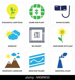 Set Of 9 simple editable icons such as Industrial Plant, Road Map Folded, Mountaint Landscape, Sunflower with Leaf, Big Socket, Overcast, Diving Glass Stock Vector