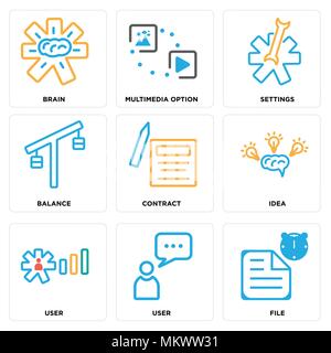 Set Of 9 simple editable icons such as File, User, Idea, Contract, Balance, Settings, Multimedia option, Brain, can be used for mobile, web Stock Vector