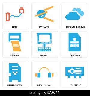 Set Of 9 simple editable icons such as Projector, Headphones, Memory card, Sim Laptop, Printer, Computing cloud, Satellite, Plug, can be used for mobi Stock Vector